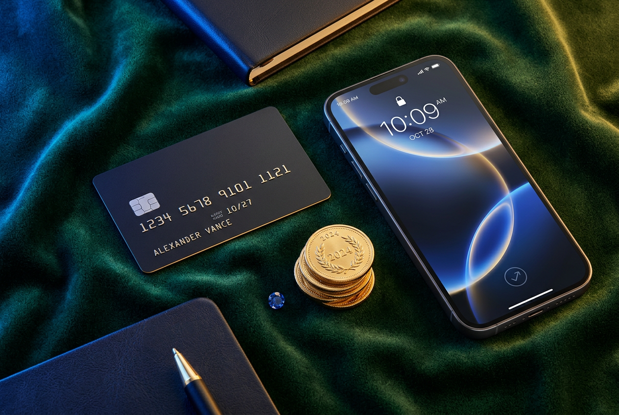 Flat-lay kompozice s neznačenou platební kartou, chytrým telefonem a mincemi